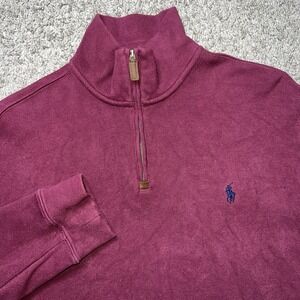 Polo Ralph Lauren Sweater Mens Large Blue Quarter Zip Mock Neck Burgundy Pony
